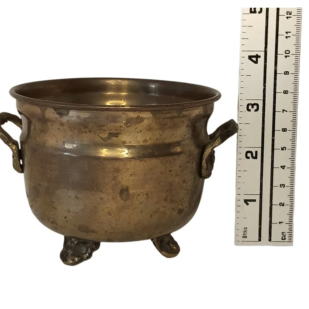 Vintage Small Copper Pot Planter Three Footed & Two Handles Patina 3.25